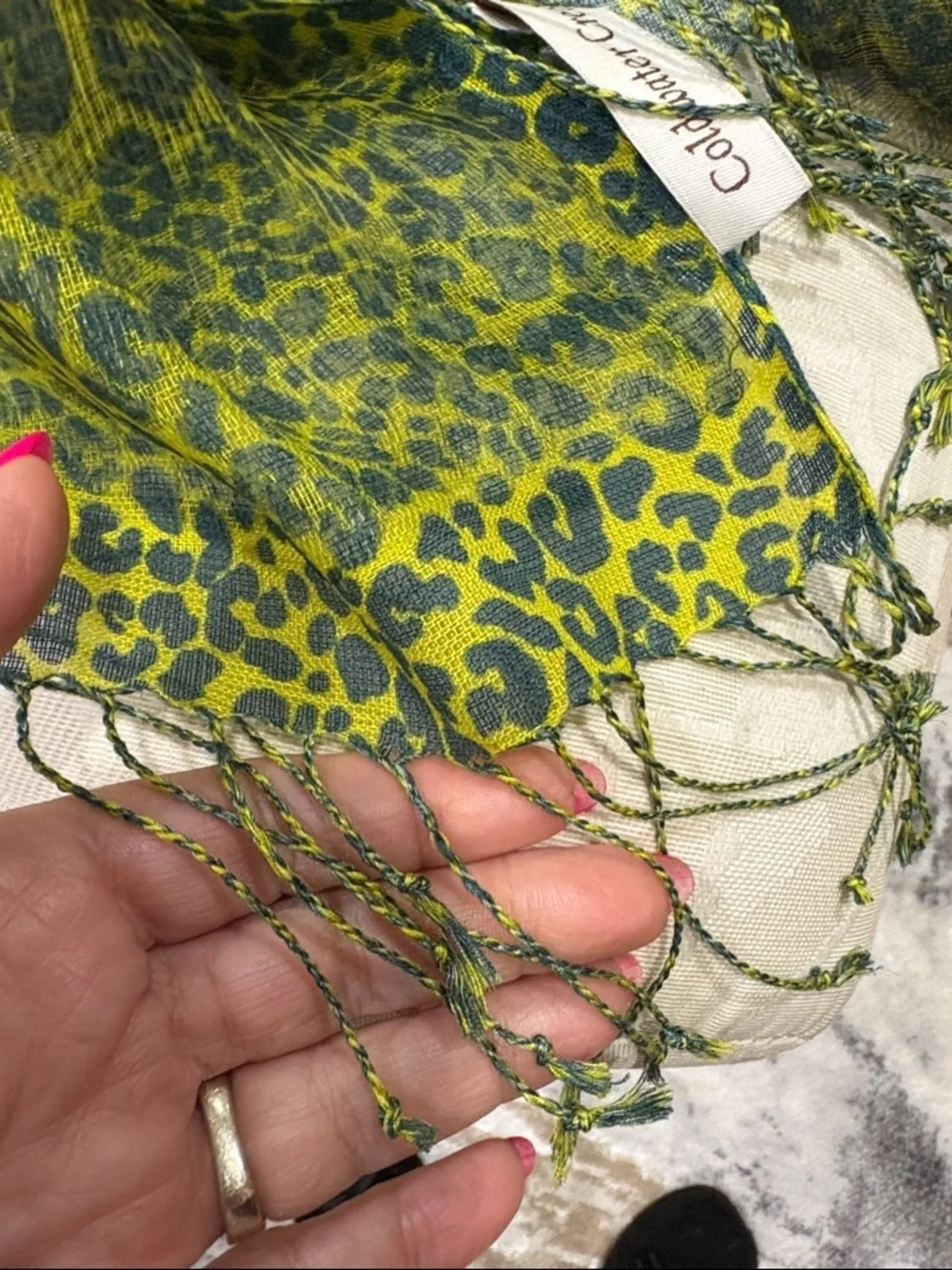 Coldwater Creek leopard Teal ombre to lime yellow Fringe Scarf SILK overlay
